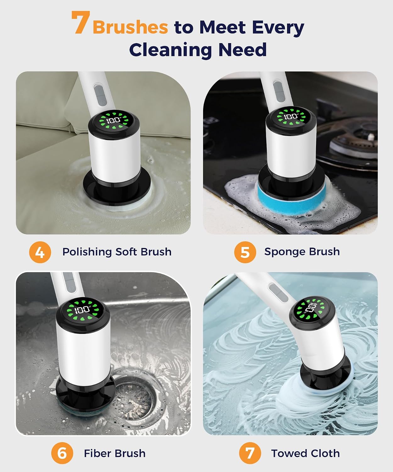 6-in-1 Cordless Electric Spin Scrubber with Long Handle | Power scrubber, bathroom scrubber, 47.2 in long handle, 2 speed scrub brush, IPX7 rated body, kitchen, tile, tub, floor