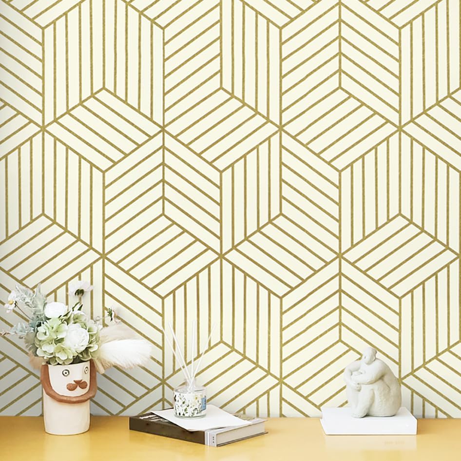 CiCiwind Wallpaper Peel and Stick Modern White and Gold Contact Paper Peel and Stick Geometric Removable Self Adhesive Wall Paper for Bedroom Renter Friendly Papel Tapiz para Pared 15.7"x118"