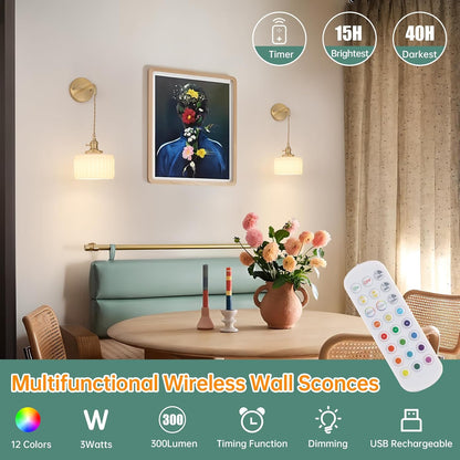 Shenmoyl Vintage Battery Operated Wall Sconce with Clear Striped Glass Lampshade 5000 mAh Rechargeable Battery Powered Wall Light with Remote Control for Bedside Bedroom Doorway, Set of 2