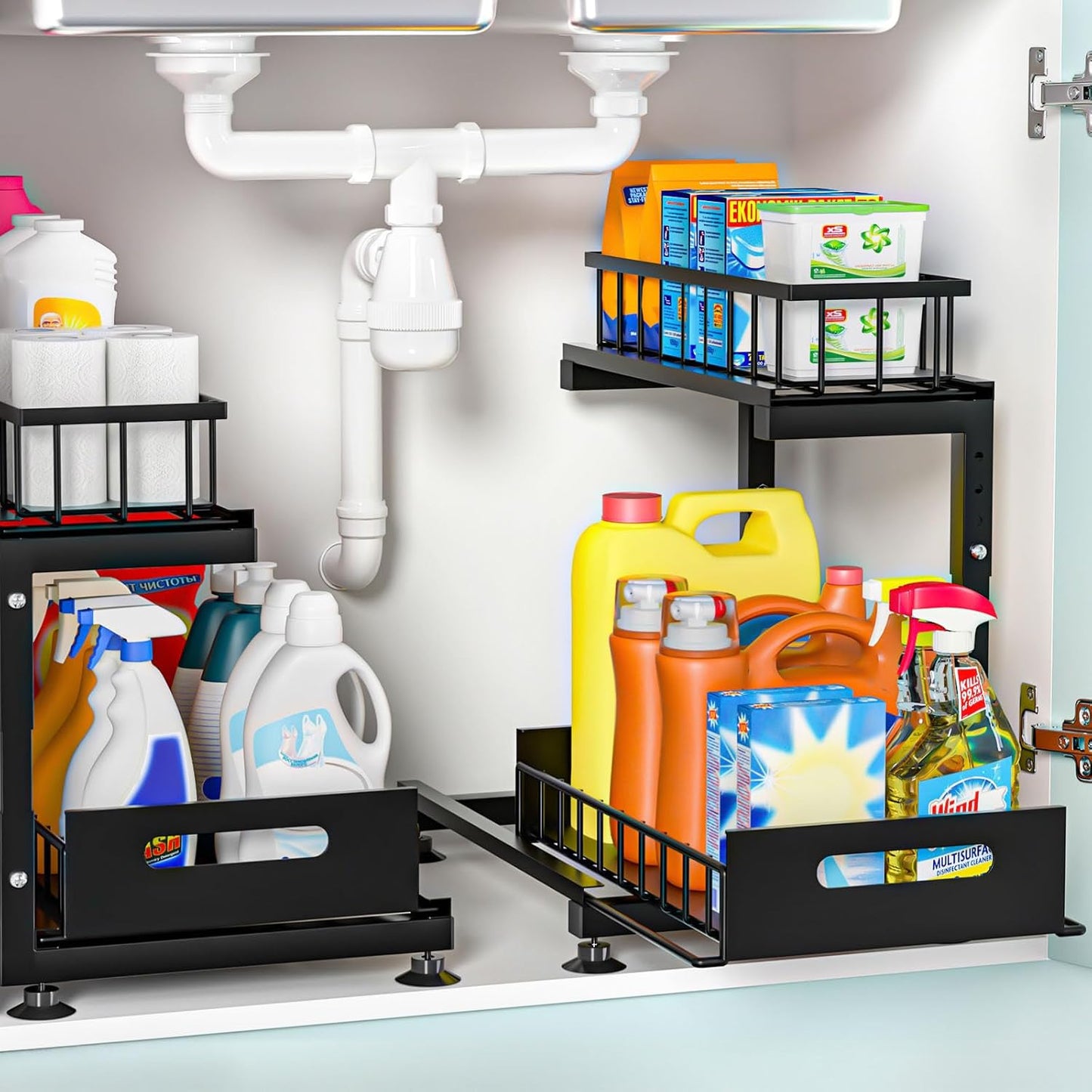 Saydear L-Shaped Under Sink Organizer, 2-Tier Pull-out Cabinet Rack 1-Pack | Black Height-Adjustable Metal Rack, Sliding Grid Drawers with Safety Stopper, Holds 100 Lbs, Ideal Kitchen Cabinet Storage