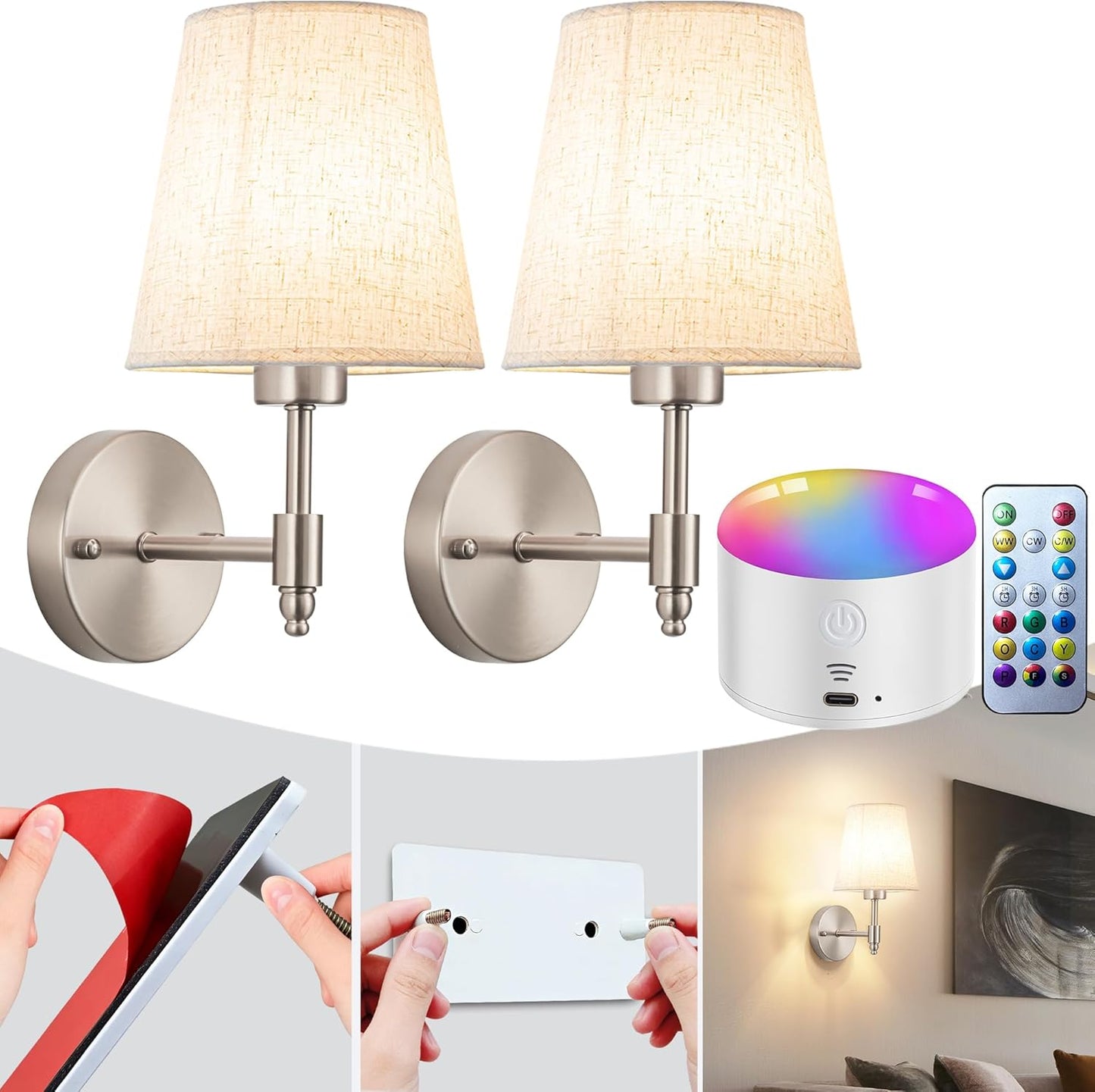 Wall Sconce Battery Operated Wall Light Fixure with Remote Control, Dimmable Battery Operated Wall Sconces Set Of Two, Indoor Wireless Wall Mounted Lamp with Rechargable Bulb For Bedroom Living Room (