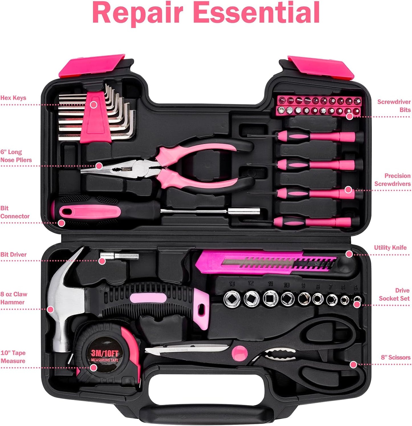 Tool Set 49PCS, Small Tool Kit, All Purpose Small General Household Tool Box for Home/Office/College Repair, DIY, Ideal Gift Choice, Pink