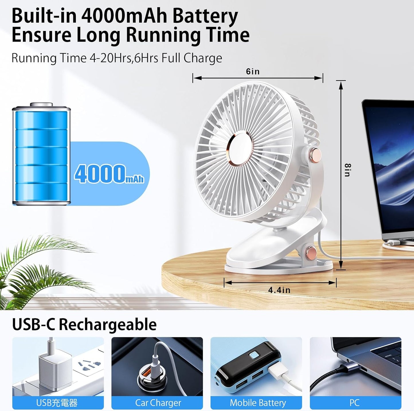 iNeibo 4000mAh Portable Clip on Fan with LED Lights, Battery Operated USB Desk Fan,4 Speed Quiet Rechargeable Mini Table Fan, 360° Rotate Personal Cooling Fan for Home Office Stroller Camping (Black)
