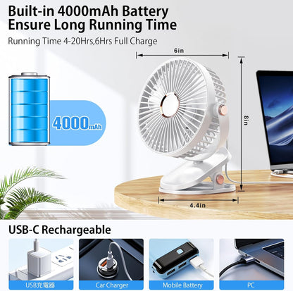 iNeibo 4000mAh Portable Clip on Fan with LED Lights, Battery Operated USB Desk Fan,4 Speed Quiet Rechargeable Mini Table Fan, 360° Rotate Personal Cooling Fan for Home Office Stroller Camping (Black)