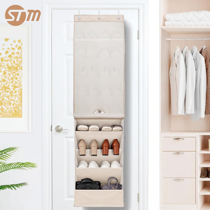 STORAGE MANIAC Over the Door Shoe Organizer with Curtain Dustproof Heavy-Duty Large Deep Pocket Hanging Shoe Organizer for Closet Dorm & Narrow Door Storage Shoe Holder Shoe Rack, 9-Shelf Beige 1 Pack