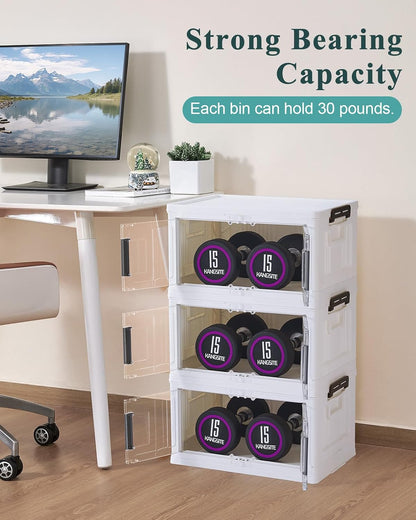 OlarHike 144QT Lockable Storage Bins with Lids - Folding Cabinet with Doors & Wheels, Collapsible Plastic Drawers for Dorm, Closets, Office, Game Day, College, Stackable Organizer, Gifts, 3 Pack