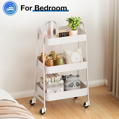 DUMOS 3 Tiers Rolling Cart, Utility Cart, Metal, White | Mobile Storage, Lockable Wheels, Utility Shelving Unit, Kitchen, Bathroom, Laundry, Narrow Places