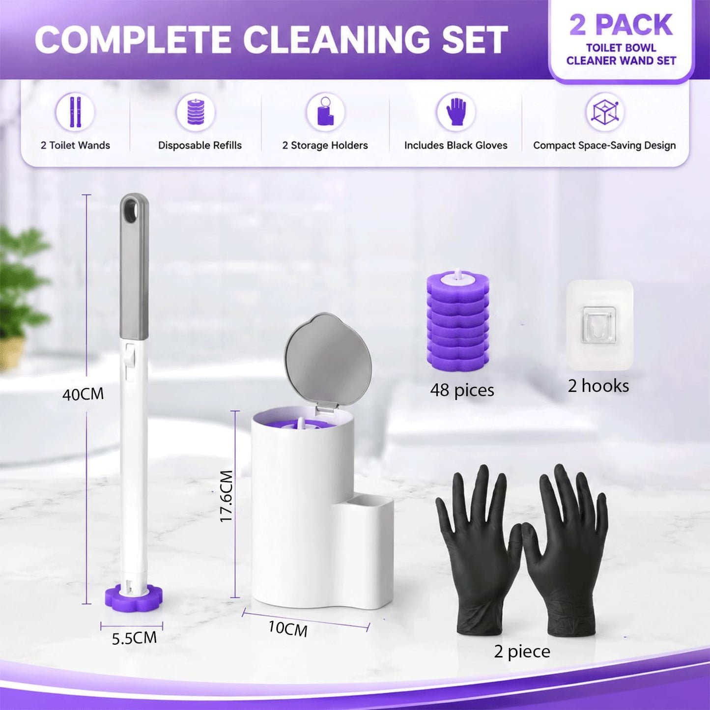 2-Pack Disposable Toilet Bowl Cleaner Wand and Holder with 48 Refills, Wall Mounted Toilet Brush Disposable System, Long Handle Toilet Cleaner Kit with Silicone Hooks & Gloves for Bathroom Cleaning