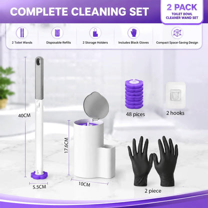 2-Pack Disposable Toilet Bowl Cleaner Wand and Holder with 48 Refills, Wall Mounted Toilet Brush Disposable System, Long Handle Toilet Cleaner Kit with Silicone Hooks & Gloves for Bathroom Cleaning
