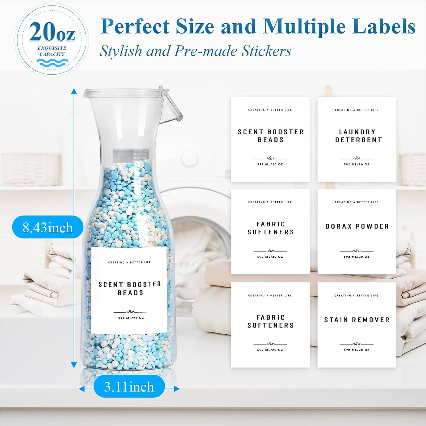 Laundry Detergent Dispenser Bottle 40oz with Waterproof Label for Laundry Detergent Soap Fabric Softener Bleach Scent Booster Beads, Sturdy PET Bottle for Laundry Room Decor 2 Pack White