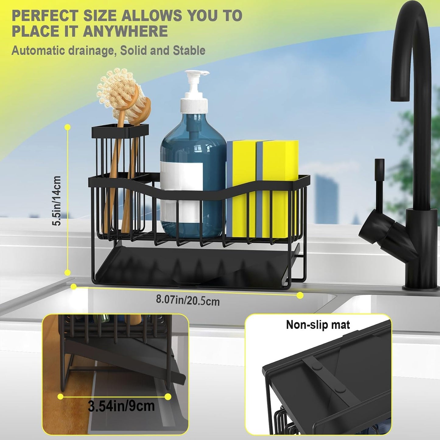 Maifan Sink Caddy Sponge Holder for Kitchen with Brush Holder and Stainless Steel Self Drain Tray, Rustproof Kitchen Sink Organizer for Sponge, Soap Dispenser Storage Accessories (Lacquer Silver)