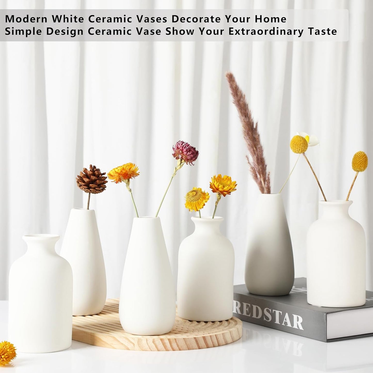 YANLING 6 Pack White Vase Small Ceramic Vases for Decor, Bud Vases | for Centerpieces White Vases for Flowers Boho Home Decor, Pampas Grass Dried Flowers Vases