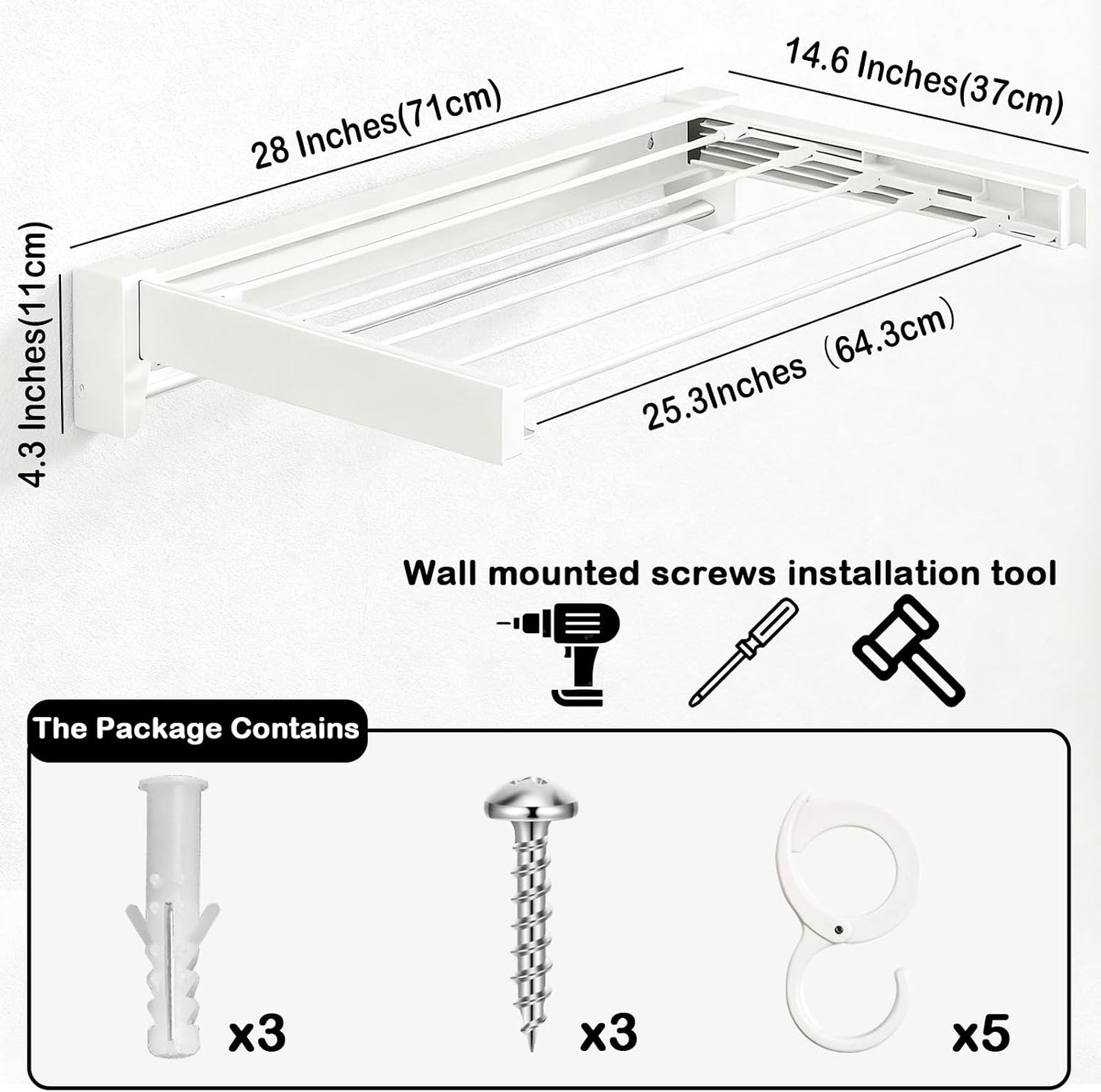 Wall Mounted Clothes Drying Rack 27 inches,Foldbale Laundry Drying Rack 6 Rods,Hidden Drying Rack Clothing,Retractable,Collapsible,Screws Needed Folding Laundry Rack (White, Medium)