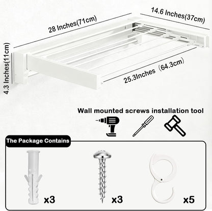 Wall Mounted Clothes Drying Rack 27 inches,Foldbale Laundry Drying Rack 6 Rods,Hidden Drying Rack Clothing,Retractable,Collapsible,Screws Needed Folding Laundry Rack (White, Medium)
