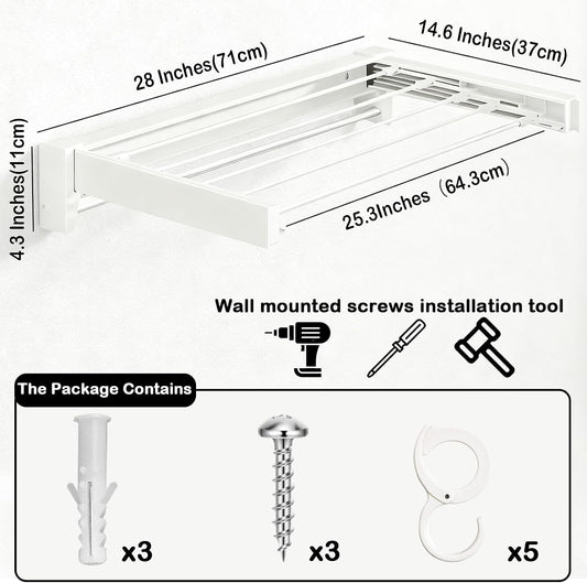 Wall Mounted Clothes Drying Rack 27 inches,Foldbale Laundry Drying Rack 6 Rods,Hidden Drying Rack Clothing,Retractable,Collapsible,Screws Needed Folding Laundry Rack (White, Medium)