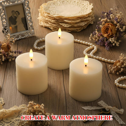 Retisee Valentine's Day Flameless Pillar Candles Set of 3 Battery Operated Candle with Remote Control Timers Real Wax Flat Top Flickering Small LED Candles for Valentine Decor Dinner(Ivory,3x3 Inch)