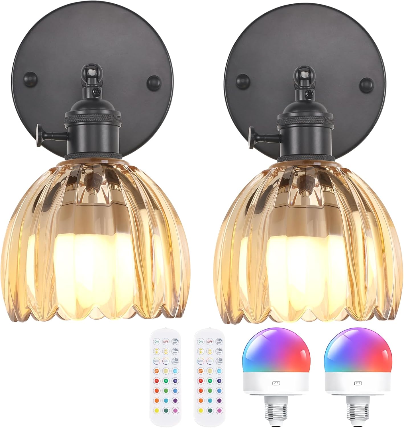 Shenmoyl Vintage Battery Operated Wall Sconce with Transparent Tulip Glass Lampshade Rechargeable Battery Powered Wall Light with Remote Control for Bedside Bedroom Doorway, Set of 2