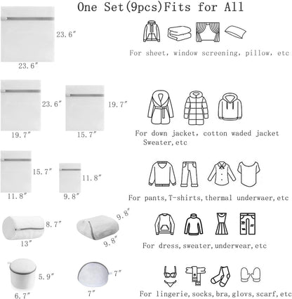 Mesh Laundry Bags - 9pcs Premium Zippered Fine Mesh Laundry Bags Set, Delicate & Lingerie Washing Organizer