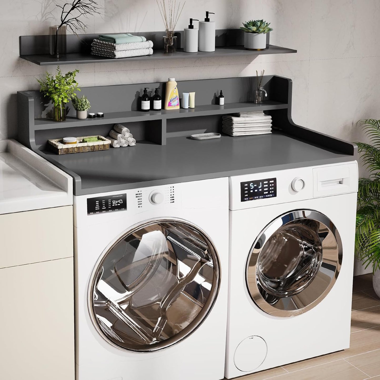 Washer Dryer Countertop, 54" x 27.55" 2-Tier Washer Dryer Topper with Edge, for Laundry Room Organization Whisper White