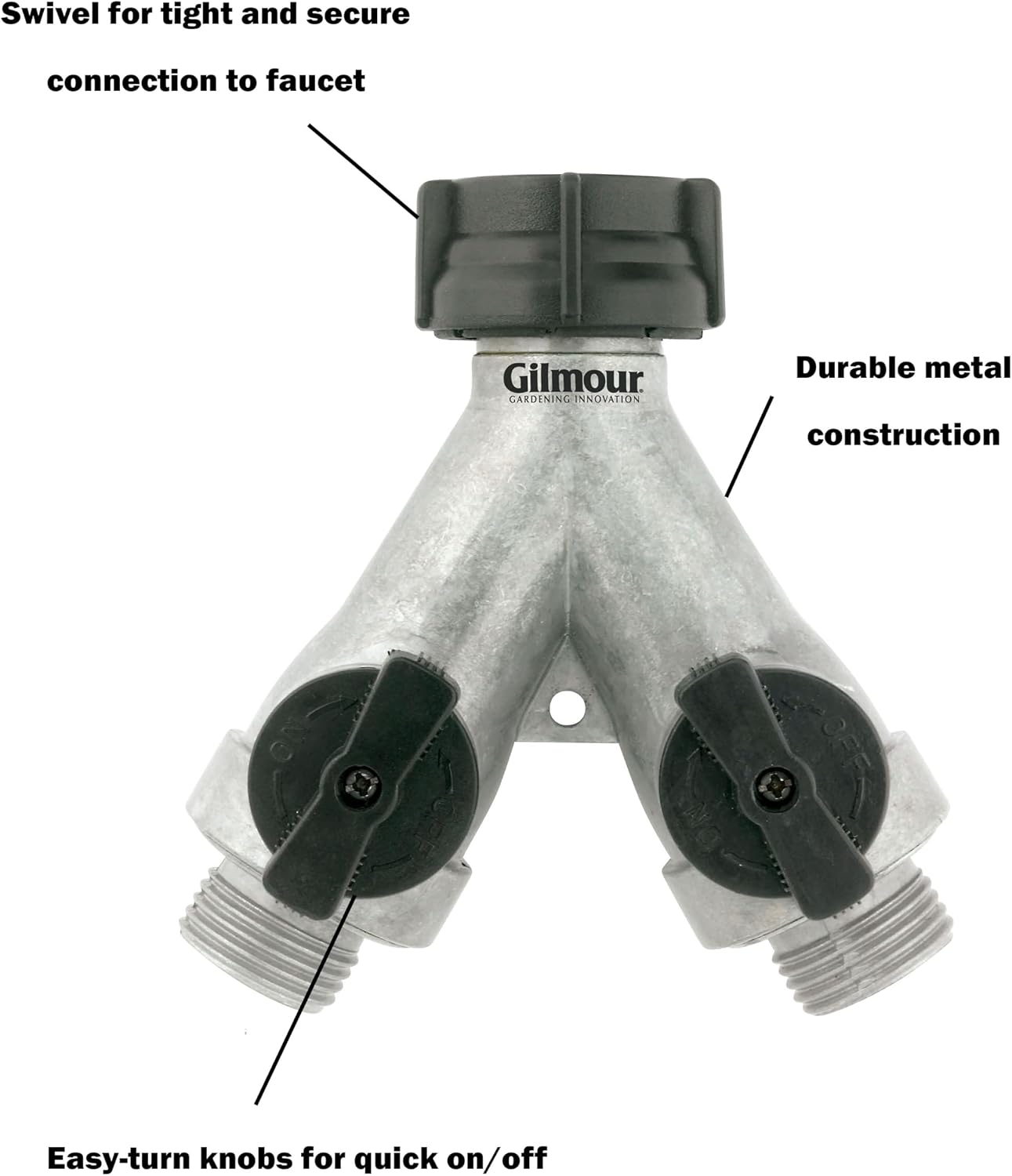 Gilmour Heavy Duty 2 Way Garden Hose Splitter, Dual Water Hose Splitter with Shut Off Valve, Metal Water Manifold