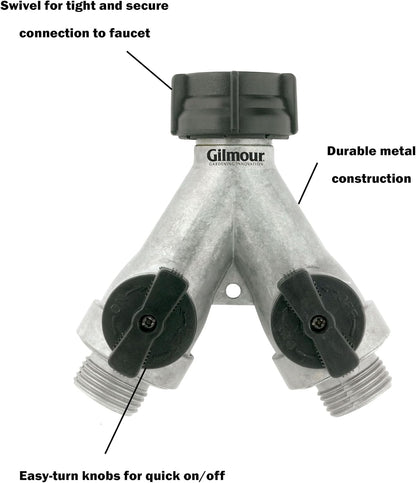 Gilmour Heavy Duty 2 Way Garden Hose Splitter, Dual Water Hose Splitter with Shut Off Valve, Metal Water Manifold