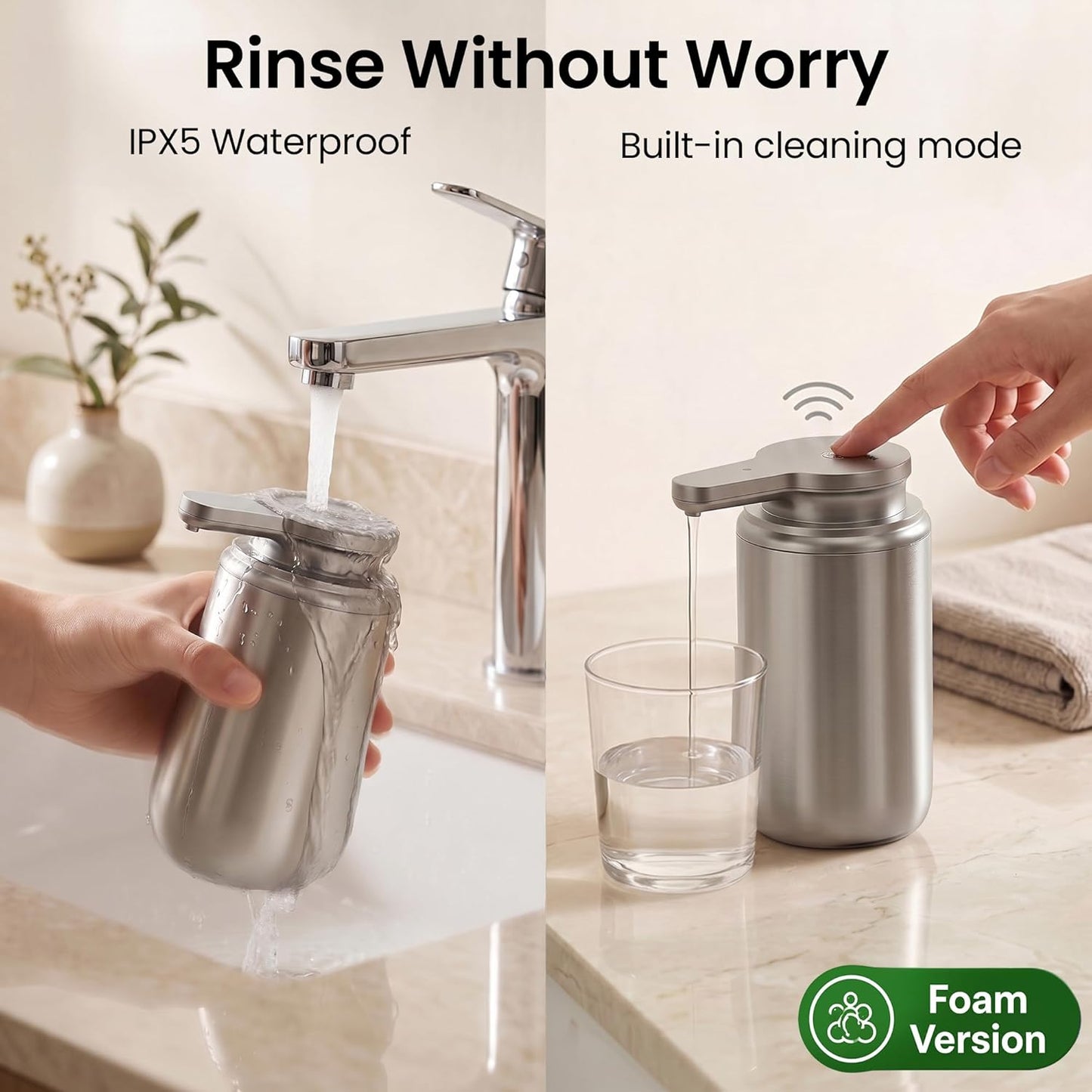 GentleJet WaveJet Automatic Foaming Soap Dispenser – Touchless Sensor, USB-C Rechargeable, 304 Stainless Steel, IPX5 Waterproof for Bathroom Kitchen Sink, 12 oz / 350 ml