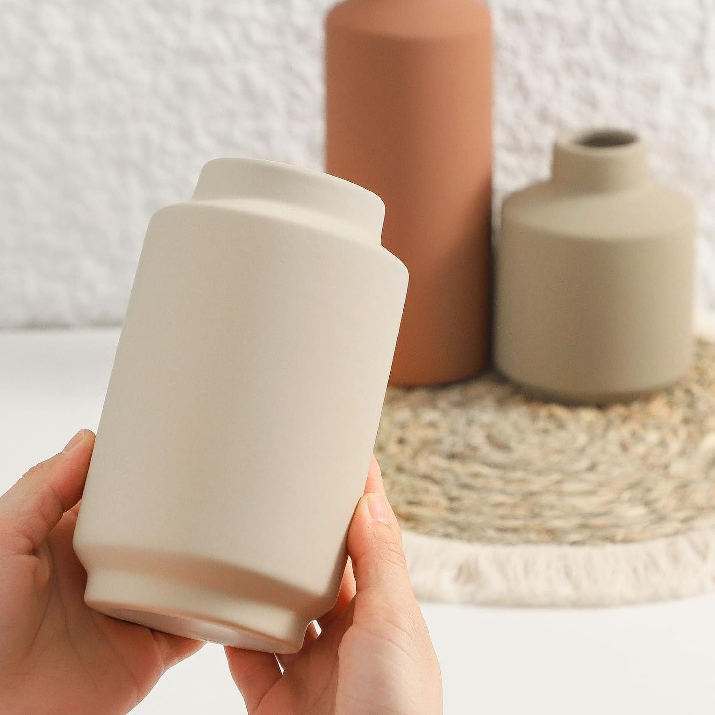 Ceramic Vase Set of 3, Modern Decorative Vases for Home Decor, Small Flower Pottery Vase Sets, Boho Farmhouse Rustic Vases for Living Room, Kitchen, Bedroom, Bathroom, Shelf, Table
