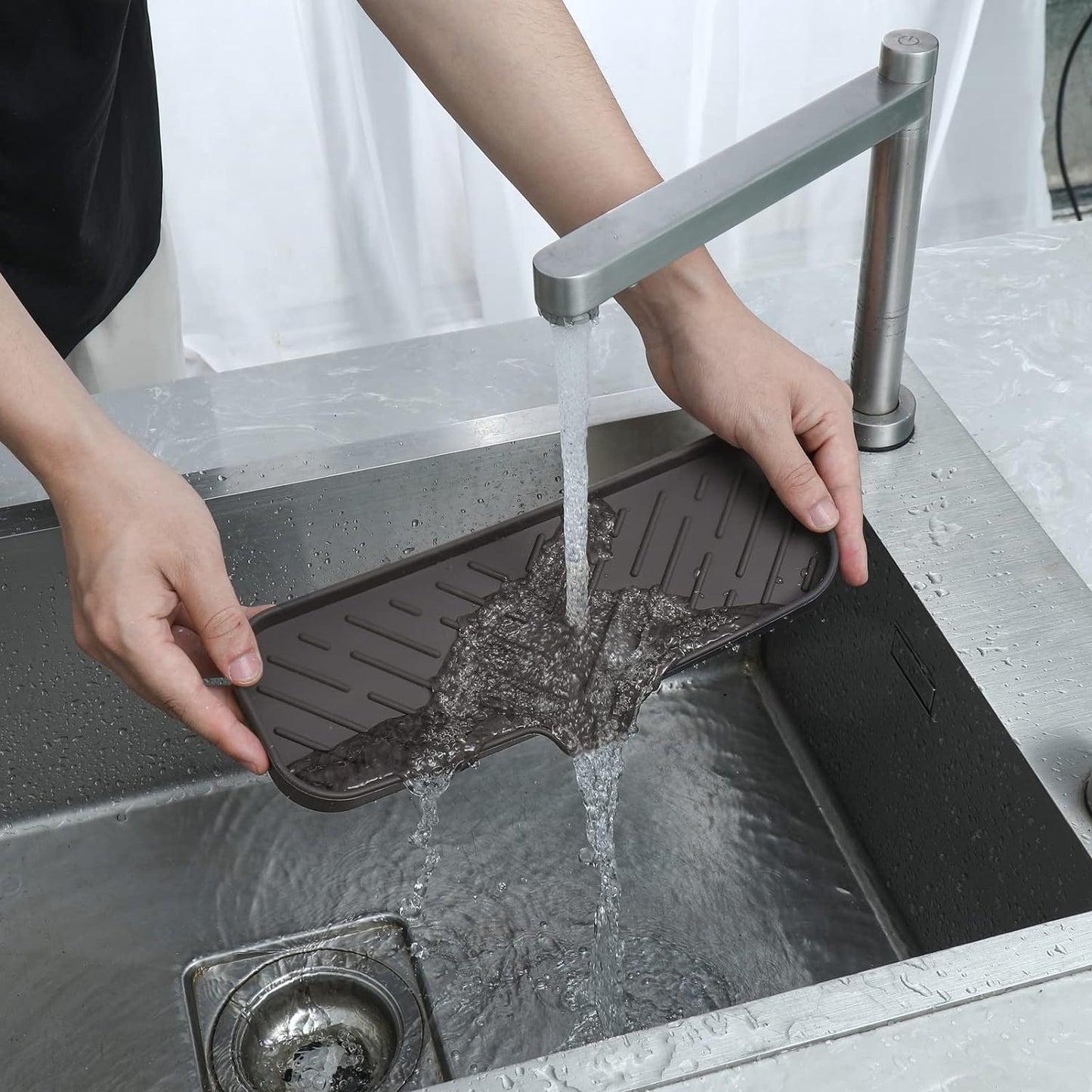 MicoYang Silicone Bathroom Soap Dishes with Drain Spout-Bathroom and Kitchen Sink Organizer,Sponge Holder,Dish Soap Tray,Perfect for Dispenser,Scrubber,Bottle,Cup on Sink or Counter-Coffee 4.9"×3.2"