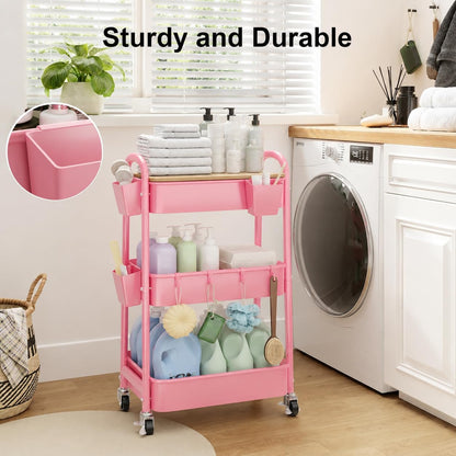 3 Tier Rolling Cart with Wheels, White Plastic Three Tiered Roller Shelf Cart on Lockable Wheels, Small Utility Storage Organzier Carts for Craft, Art, Baby Diaper Caddy, Snack, Dorm, Kitchen,Bathroom