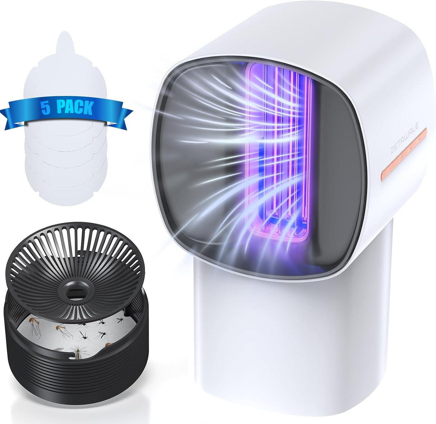 Fruit Fly Traps for Indoors, Gnat and Insects Catcher for House with UV Light, Heat Lure, Fan Suction, Ideal for Kitchen, Patio, Plant Pots, Bedroom, 5 Sticky Pads Included, USB-C Powered