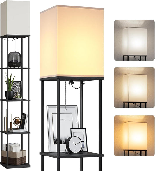 SUNMORY Floor Lamp with Shelves, Modern Square Standing Lamp with 3 Color Temperature Bulb, Corner Display Bookshelf Lamp for Living Room and Bedroom(Black)