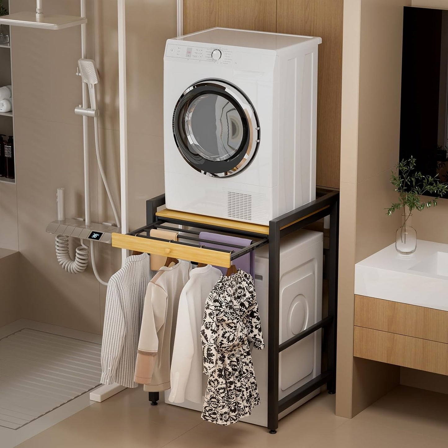 Washer Dryer Shelf Over The Washer Storage Shelf, Washing Machine Storage Utility Rack with Countertop, Height Adjustable Washing Machine Storages Stand White