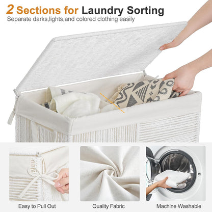 WOWLIVE Double Laundry Hamper with Lid, Handwoven Rolling Laundry Basket with Wheels, 115L Dirty Clothes Hamper with Removable Liner Bag Large Capacity Laundry Sorter Laundry Room Organization,Natural
