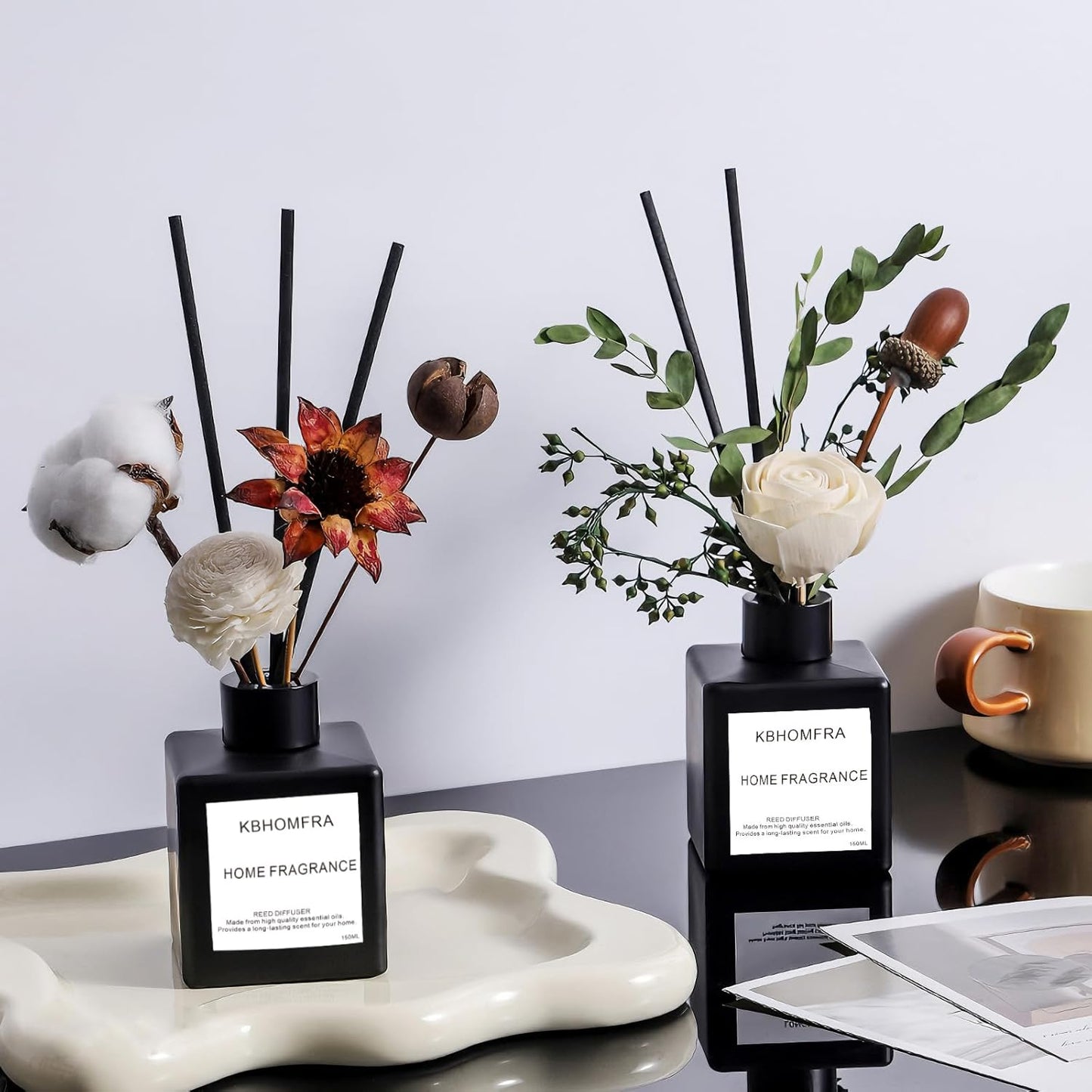 Reed Diffuser Set with Dried Flowers, 3.38fl.oz Fragrance Diffuser with Sticks, Scented Sticks Aroma Diffuser, Home & Office Décor for Air Fresheners, Bathroom (Jasmine Tea)