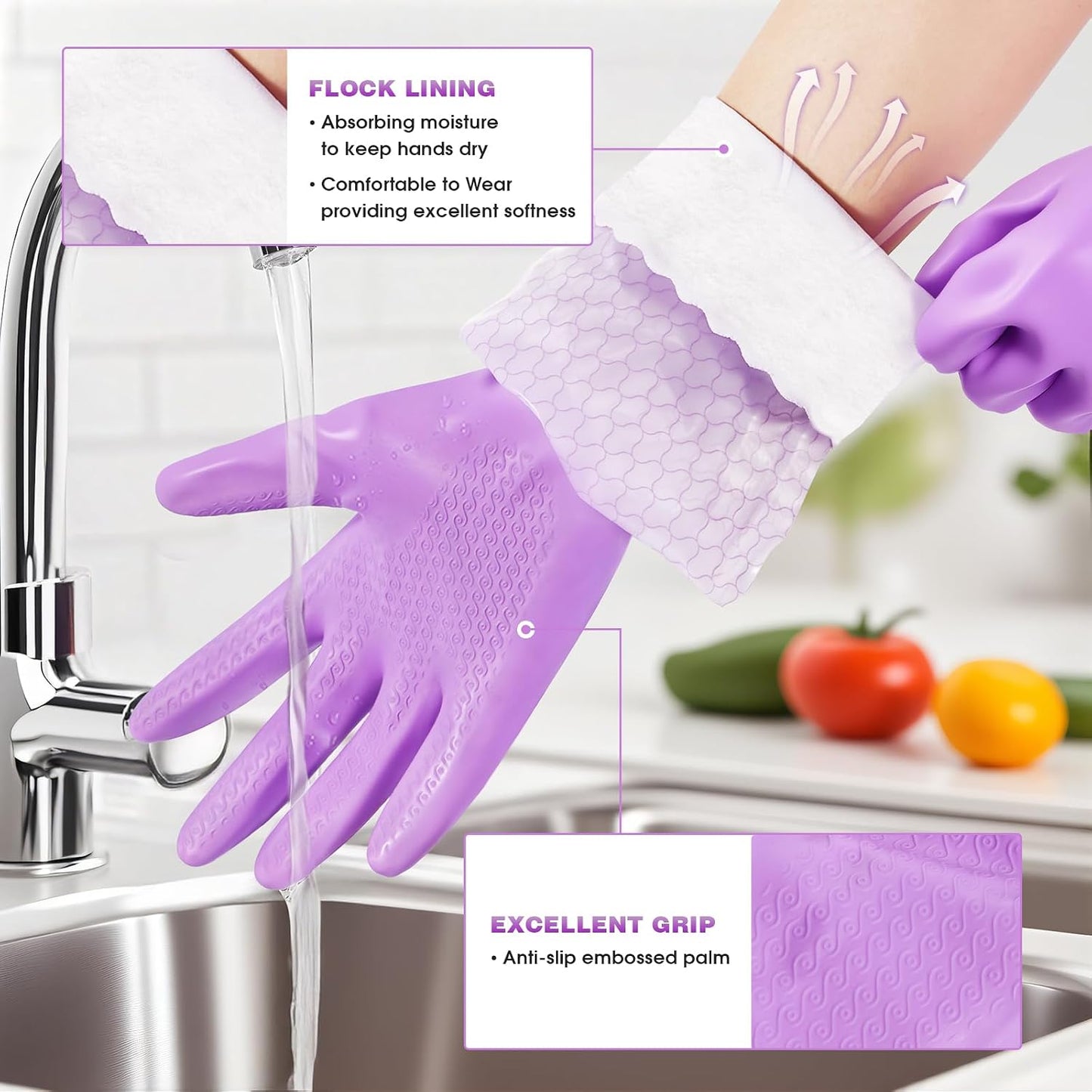 Elgood Reusable Long Sleeve Dishwashing Cleaning Gloves with Latex Free,Cotton Lining,Kitchen Gloves 2 Pairs,Purple+Blue M