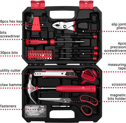 DEKOPRO General Household Hand Tool Kit with Plastic Toolbox Storage Case, All Purpose Home Tool Kit Includes Essential Tools for Office College Repairs, 50 Piece