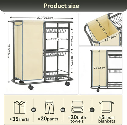 Narrow Laundry Cart with Wheels,3 Baskets and 45L Laundry Bag Metal Rolling Cart for Small Space,Laundry Room Organization and Storage for Bathroom Living Room Apartment Dorm