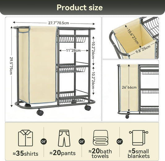 Narrow Laundry Cart with Wheels,3 Baskets and 45L Laundry Bag Metal Rolling Cart for Small Space,Laundry Room Organization and Storage for Bathroom Living Room Apartment Dorm