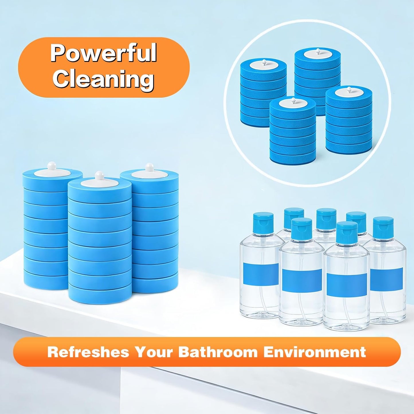 SOPAMI 32pcs Disposable Toilet Brush Refills,3-Layer Pre-Loaded Rich Foam | Toilet Bowl Wand Refills Pre-Loaded with Cleaner Toilet and Bathroom Cleaning Supplies Sponge Replacement (Blue)