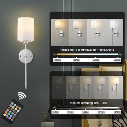 Battery Operated Wall Sconces Set of Two,Wireless Rechargeable Wall Light With Remote Control, Dimmable, Amber Light/Warm White/Natural White/Daylight/RGB, Timer,for Living Room,Bedroom,Entryway,Gold