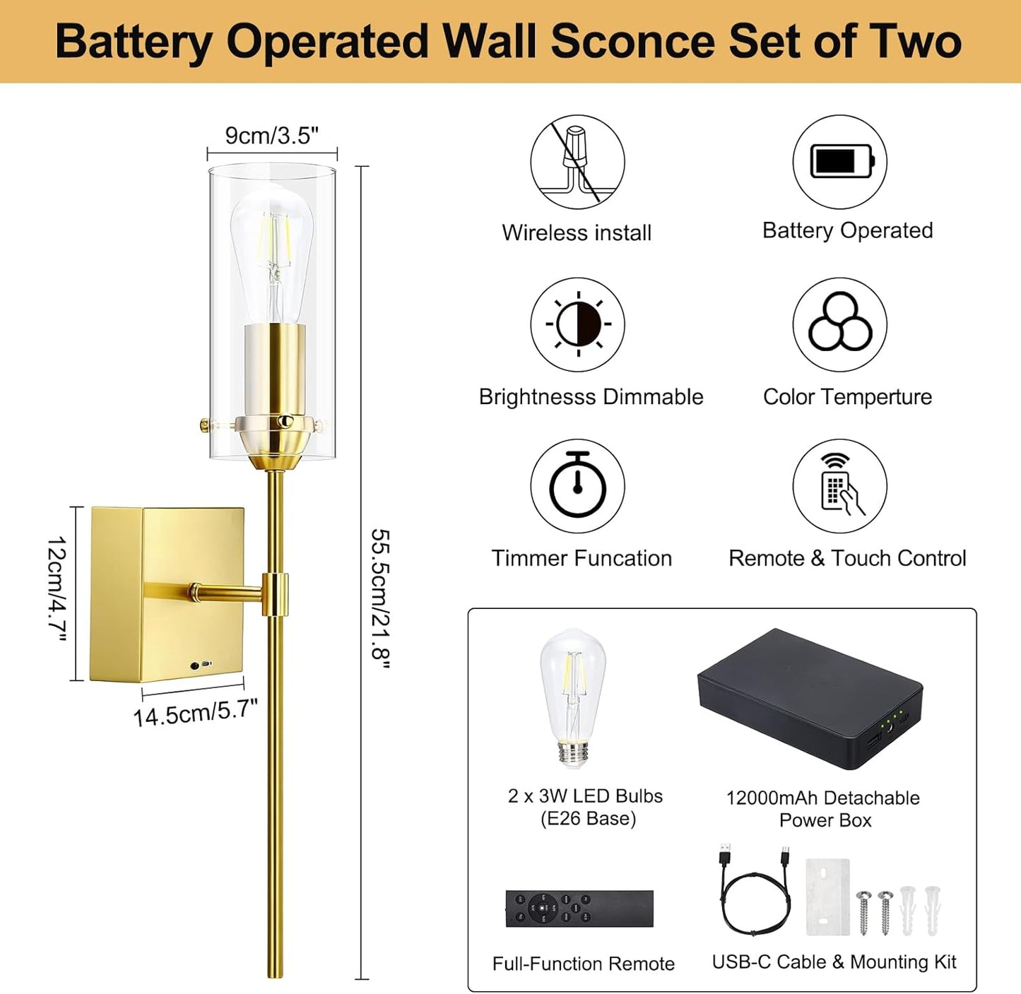 Battery Operated Wall Sconce, Glass Wireless Wall Sconces Set of Two Rechargeable with Remote Control Dimmable Wall Light for Bedroom Living Room Hallway Entryway, 3000-6500K