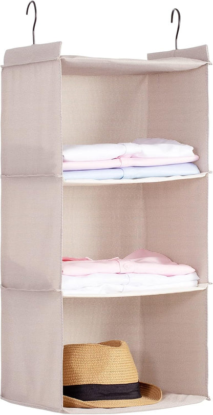 Hanging Closet Organizer 3-Shelf, Oxford Fabric Wardrobe Storage, Gray | Easy-mount foldable design holds clothes, handbags, shoes & accessories; washable Oxford fabric, sturdy and space-saving.