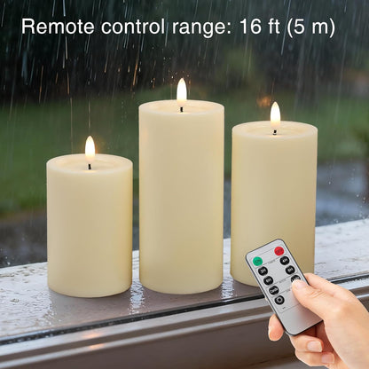 LUSHARBOR Outdoor Flameless Candles, Set of 3 Battery Operated Pillar Candles with Remote & Timer, 3" x4" 5" 6" Waterproof Plastic LED Candles for Patio Porch Garden Yard Candle Lantern Ivory