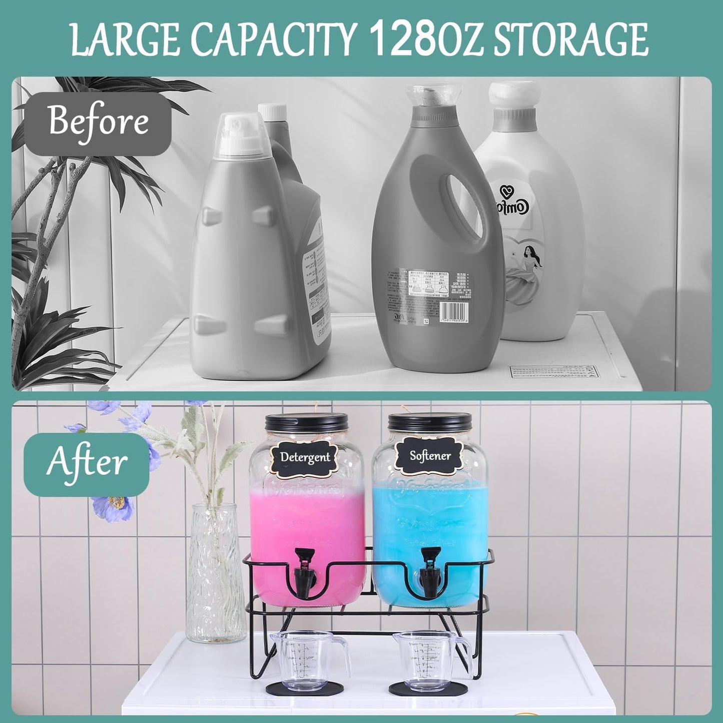 128OZ Laundry Detergent Dispenser BY VEGEVIGI, Glass Liquid Laundry Soap Dispenser, 2 Pack Fabric Softener Organizer