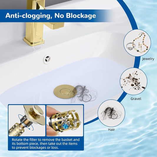 Hibbent 4 Pack Upgraded 3 in 1 Bathroom Sink Drain Strainer, Universal Pop Up Stopper with Removable Stainless Steel Filter Basket Hair Catcher, Sink Plug for 1.1''~2.36'' Basin, Brass Core, Chrome
