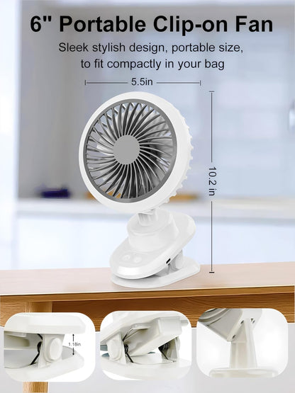 10000mAh Oscillating Desk Clip on Fan,USB Rechargeable,Portable Small Personal Fans,6-Inch Quiet,5Speed Strong Wind,Sturdy Clip,for Office/Bedroom/Room/Camping/Travel/Tent/Stroller.White