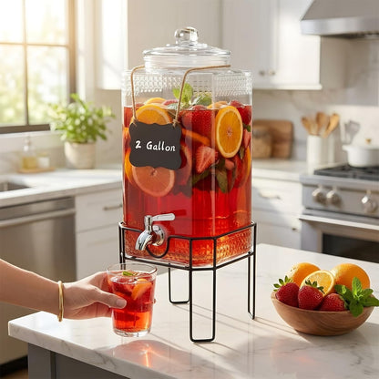 1.5 Gallon Glass Drink Dispenser, Drink Dispensers for Parties, Beverage Dispenser with Stand and Glass Lid, 100% Leakproof Spigot, Ideal for Lemonade, Juice, Iced Tea, Laundry Detergent