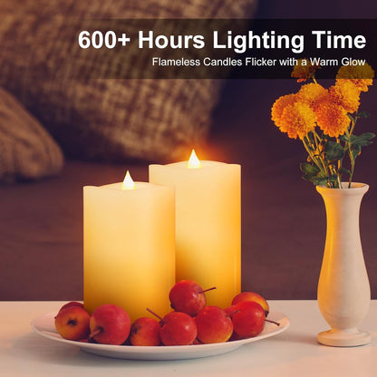 3x4 Flickering Flameless Candles Set of 3,Real Wax Pillar LED Candles,with Timer,4 inch Flameless Candles with Remote,for Party Wedding Holiday Home Decor,Ivory