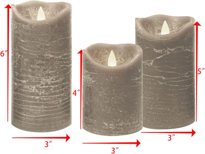 Battery Operated Flameless Candles with Remote Timer Real Wax Realistic Bright Flicker Flickering Electric Electronic LED Pillar Lights Home Wedding Party Decorations Set of 3 Rustic Texture Gray Grey