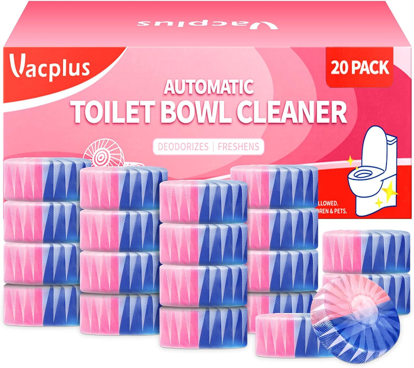 Vacplus Toilet Bowl Cleaners - 20 Pack Long-Lasting Toilet Cleaner Tablets, Prevent Stains & Deodorize, Blue